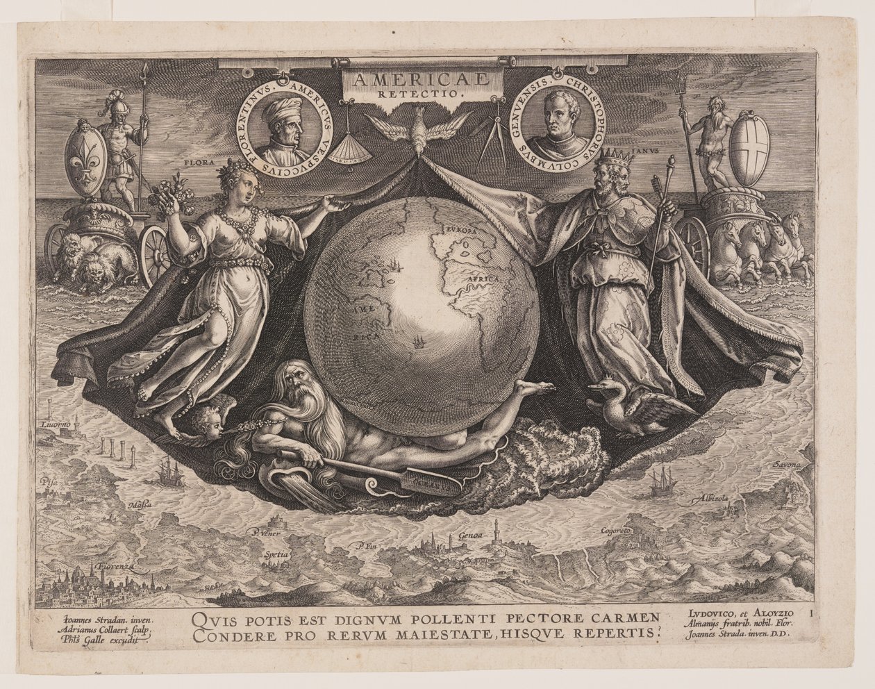 Frontispis z Americae Retectio (Odkrycie Ameryki) autorstwa Adriaen Collaert