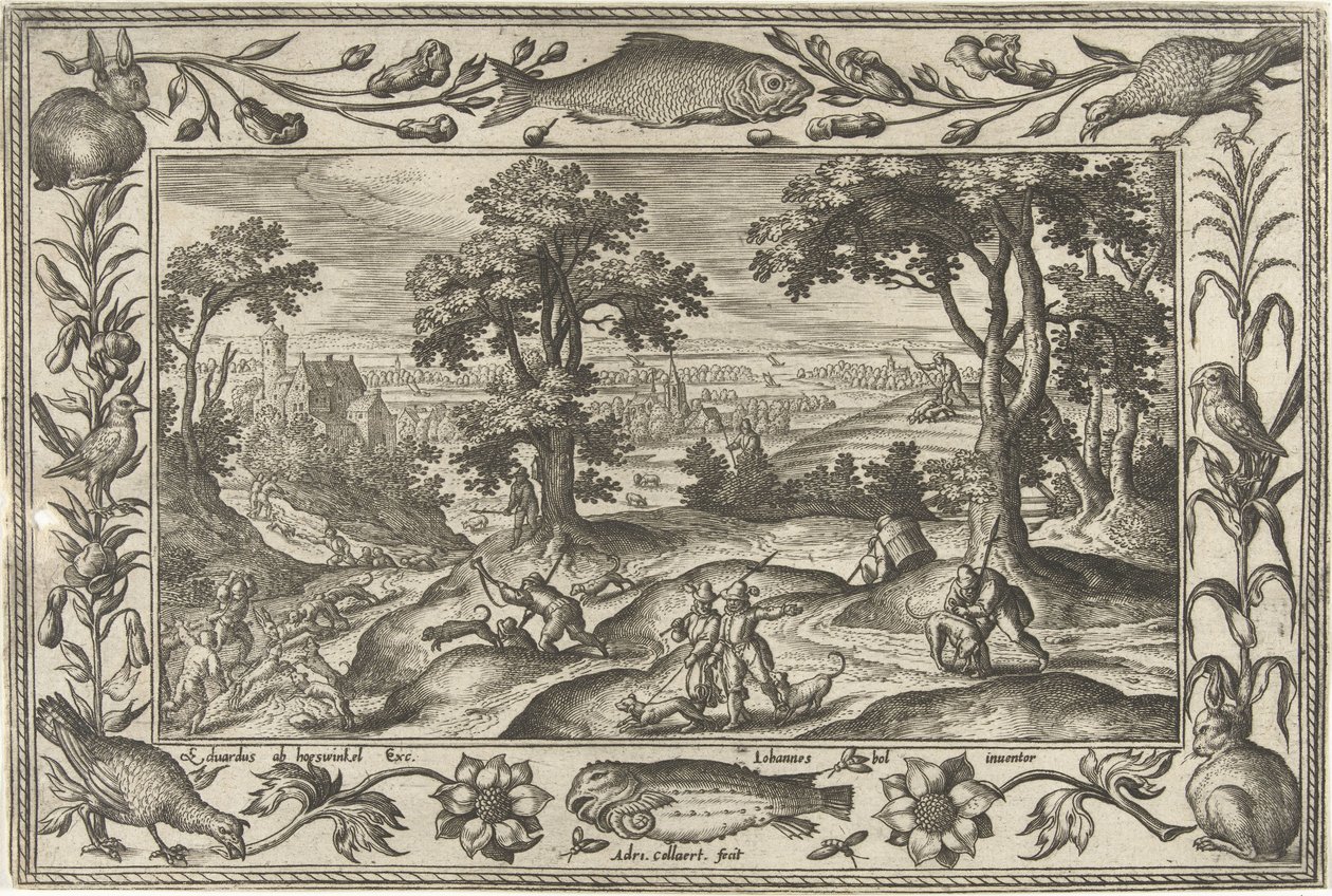 polowanie na zająca Pejzaże ze scenami biblijnymi, mitologicznymi i polowaniami (tytuł serii) autorstwa Adriaen Collaert