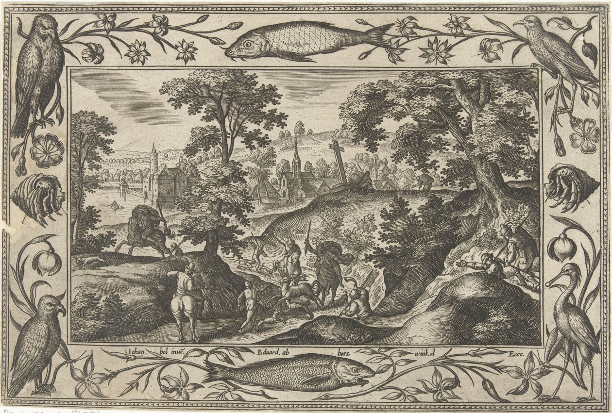 polowanie na jelenia Pejzaże ze scenami biblijnymi, mitologicznymi i polowaniami (tytuł serii) autorstwa Adriaen Collaert