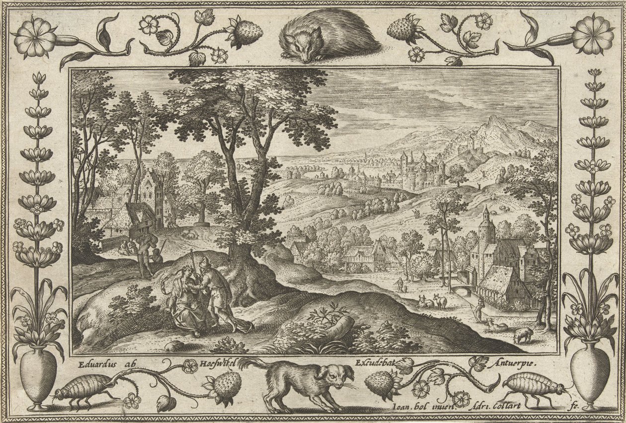 Juda i Tamar Pejzaże ze scenami biblijnymi, mitologicznymi i polowaniami (tytuł serii) autorstwa Adriaen Collaert