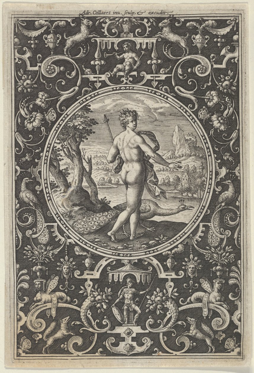 Junona w ozdobnej ramie z groteskami, z Sądu Paryskiego, ca. 1580-..., c1580-1600. autorstwa Adriaen Collaert