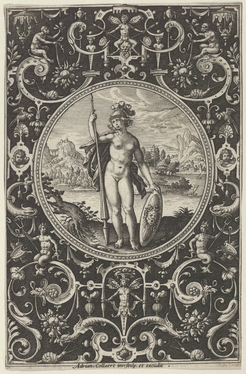 Minerwa w ozdobnej ramie z groteskami, z Sądu Paryskiego, ok. 1580-1600. autorstwa Adriaen Collaert