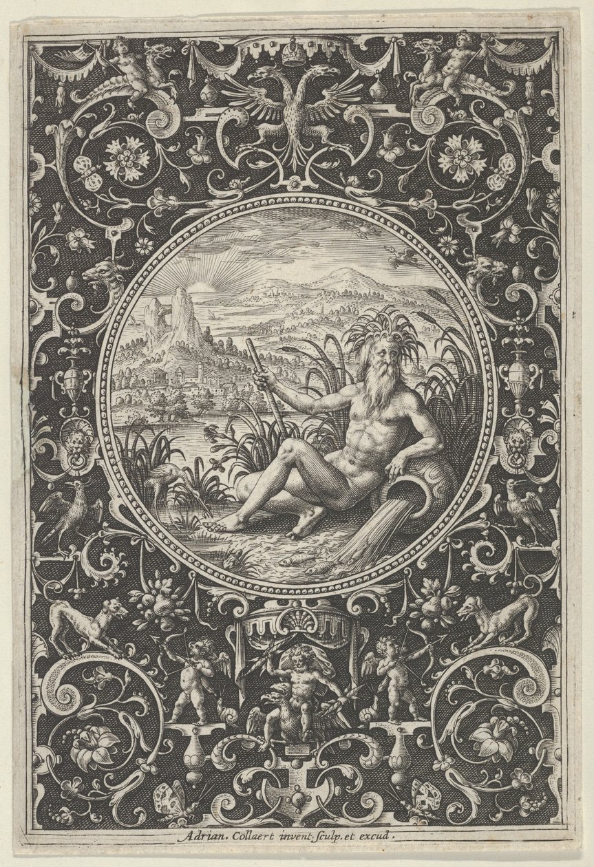 Neptun w ozdobnej ramie z groteskami, z Sądu Paryskiego, ok. 1580-1600. autorstwa Adriaen Collaert