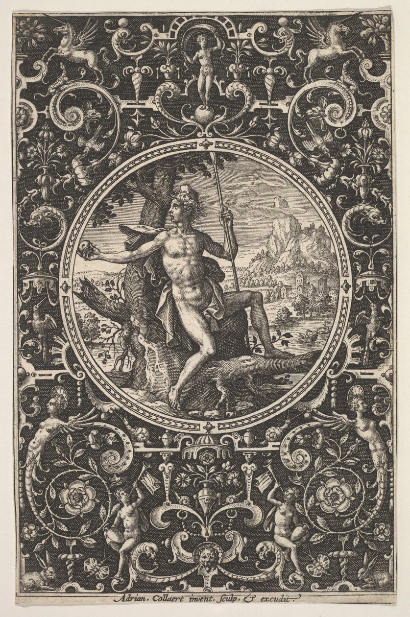 Paryż w ozdobnej ramie z groteskami, ca. 1580-1600. autorstwa Adriaen Collaert