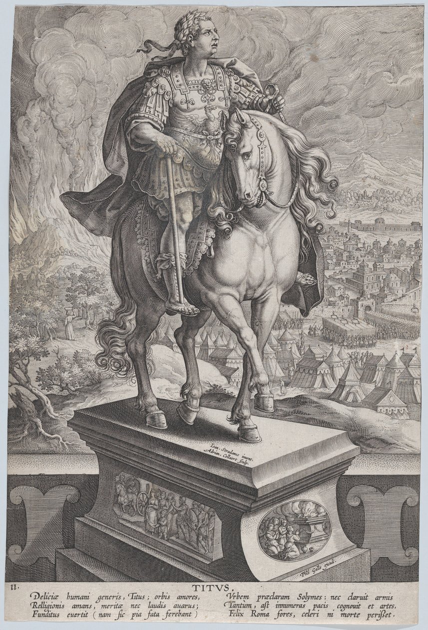 Ilustracja 11: Konny posąg Tytusa, widziany w trzech czwartych na prawo, Wezuw..., ca. 1587-89. autorstwa Adriaen Collaert