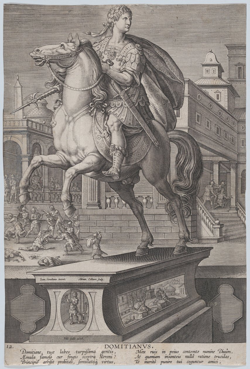 Tablica 12: konny posąg Domicjana, widziany w trzech czwartych w lewo, z jego ..., ca. 1587-89. autorstwa Adriaen Collaert