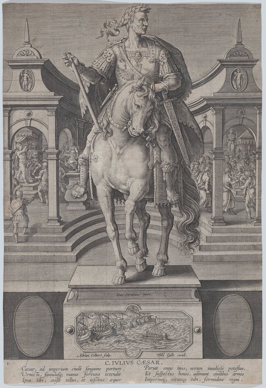 Ilustracja 1: Posąg Juliusza Cezara na koniu, widziany od przodu, ze sceną..., ca. 1587-89. autorstwa Adriaen Collaert
