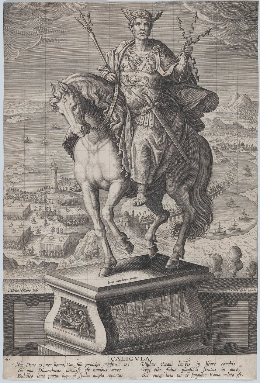 Ilustracja 4: Konny posąg Kaliguli, widziany w trzech czwartych w lewo, ubrany w ..., ca. 1587-89. autorstwa Adriaen Collaert