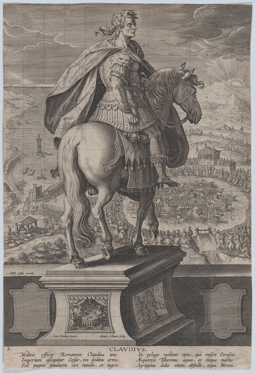 Ilustracja 5: Konny pomnik Klaudiusza, widok z tyłu, zawody morskie w ri..., ok. godz. 1587-89. autorstwa Adriaen Collaert