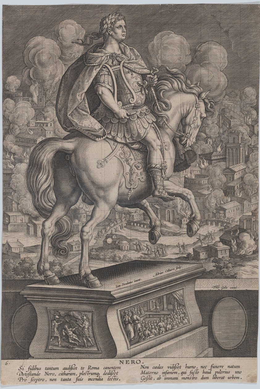 Ilustracja 6: Konny posąg Nerona, widziany od tyłu, Wielki Pożar Rzymu w..., ok. godz. 1587-89. autorstwa Adriaen Collaert