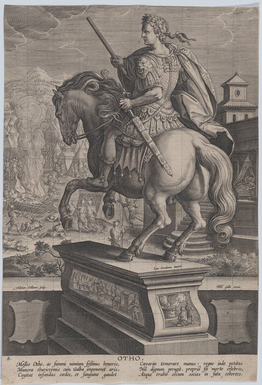Ilustracja 8: konny posąg Othona, widziany z tyłu, w tle scena jego śmierci..., ok. 1900. 1587-89. autorstwa Adriaen Collaert
