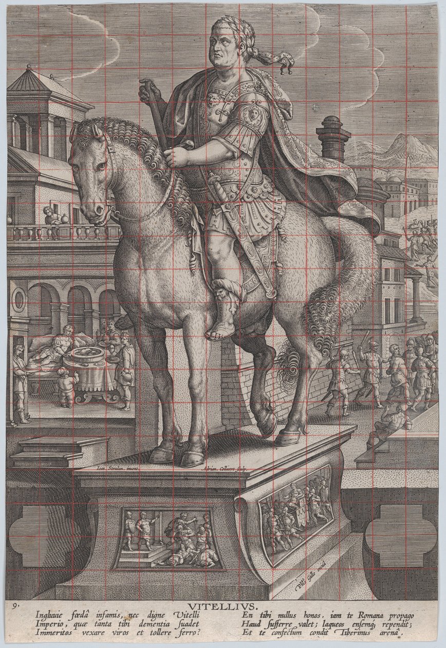 Ilustracja 9: konny posąg Witeliusza, widziany w trzech czwartych w lewo, z jego ..., ca. 1587-89. autorstwa Adriaen Collaert