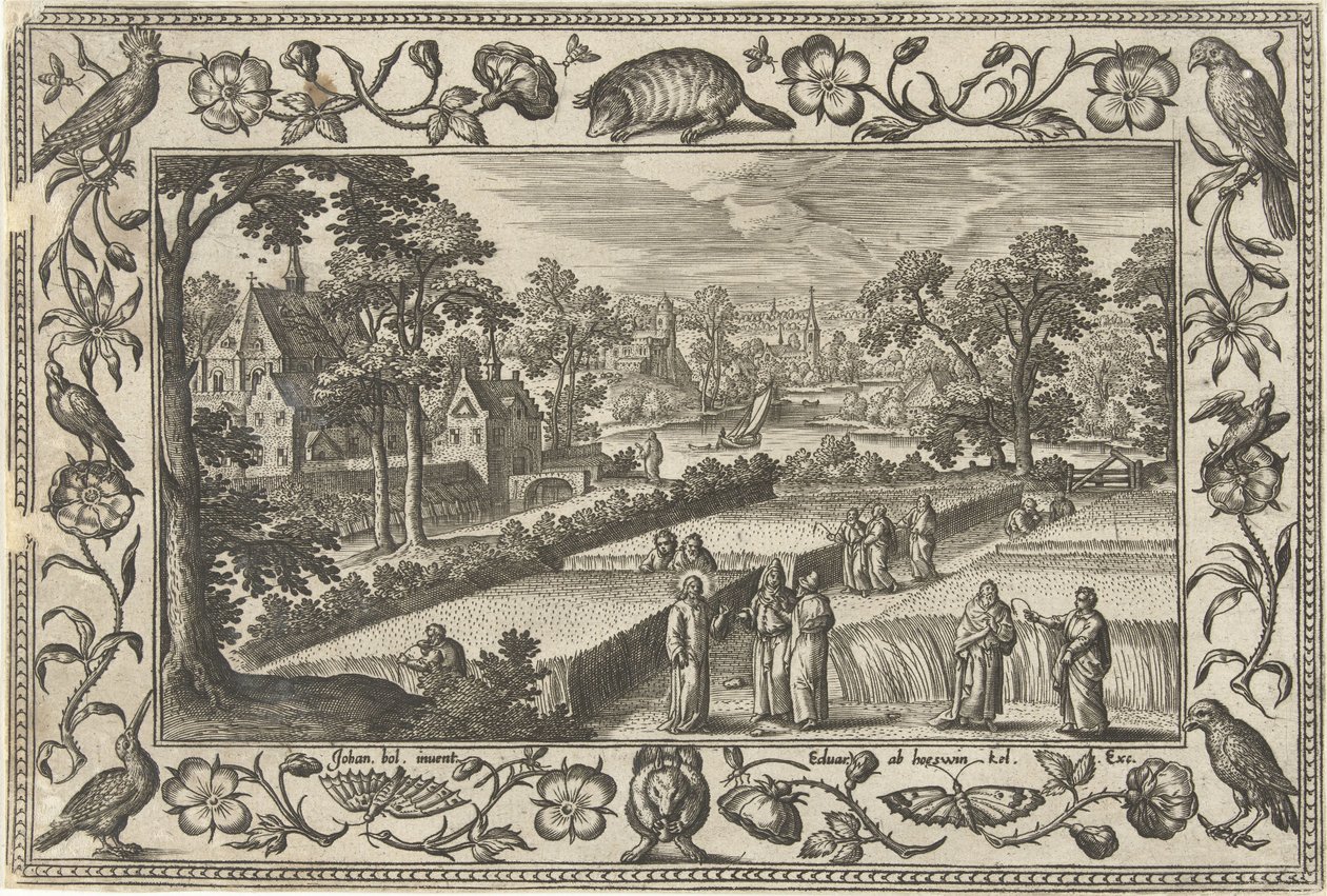 Zbieranie zbóż w szabat Pejzaże ze scenami biblijnymi, mitologicznymi i polowaniami (tytuł serii) autorstwa Adriaen Collaert