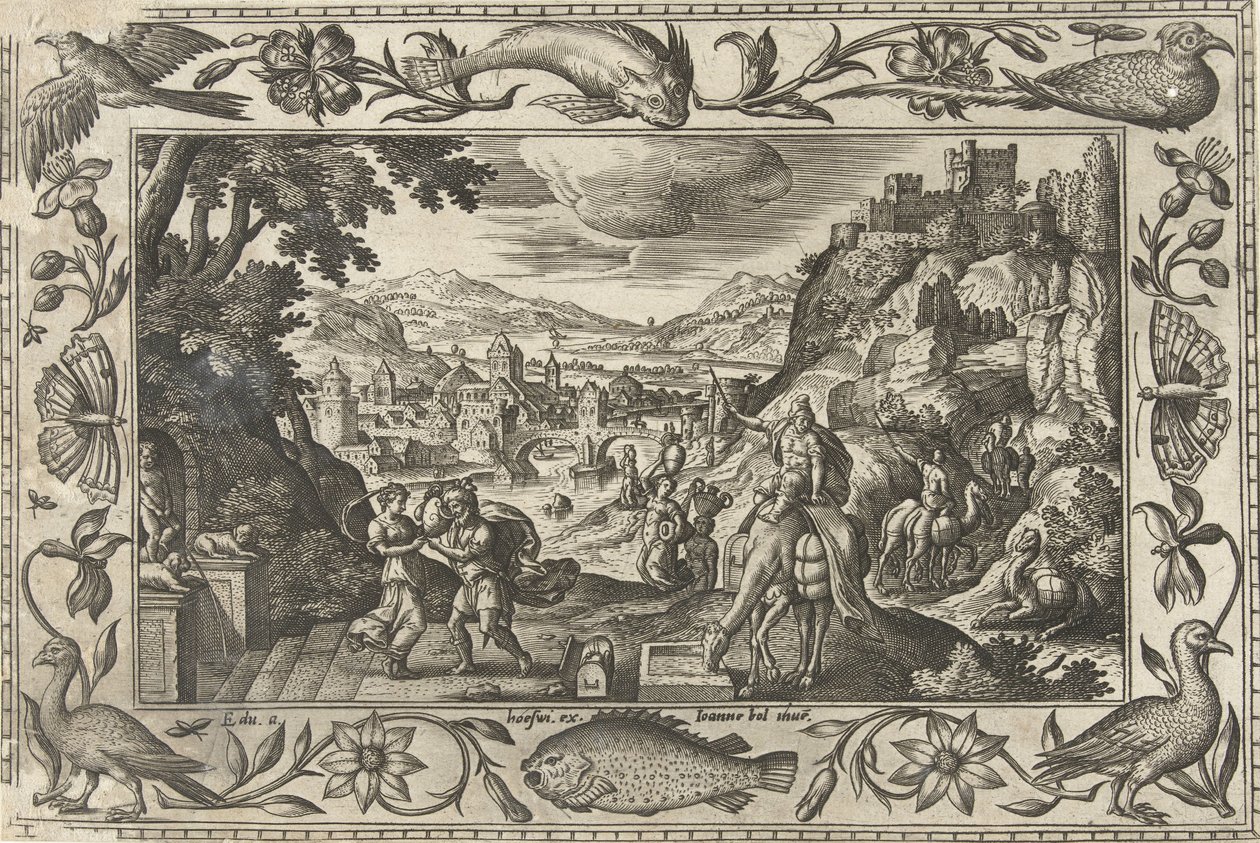 Rebeka i Eliezer przy studni Pejzaże ze scenami biblijnymi, mitologicznymi i polowaniami (tytuł serii) autorstwa Adriaen Collaert