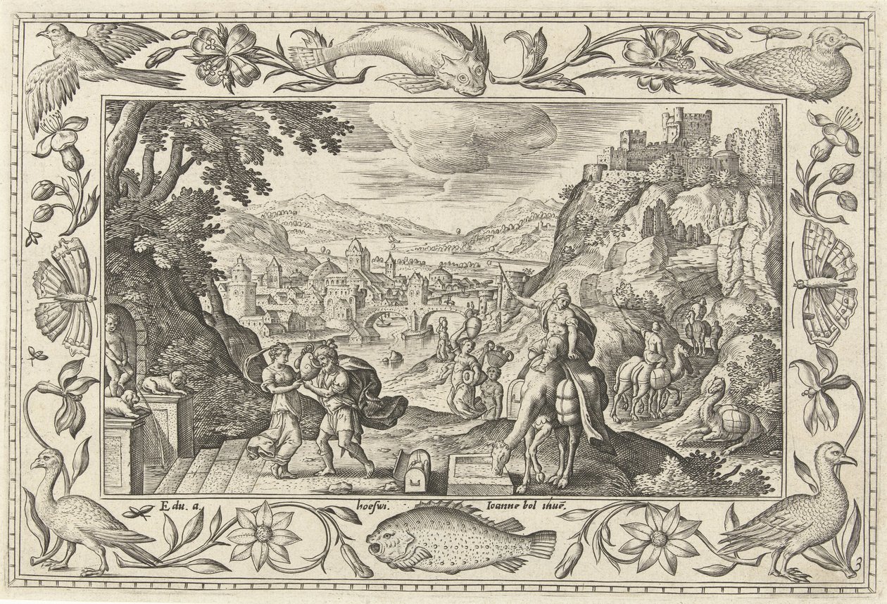 Rebeka i Eliezer przy studni Pejzaże ze scenami biblijnymi, mitologicznymi i polowaniami (tytuł serii) autorstwa Adriaen Collaert