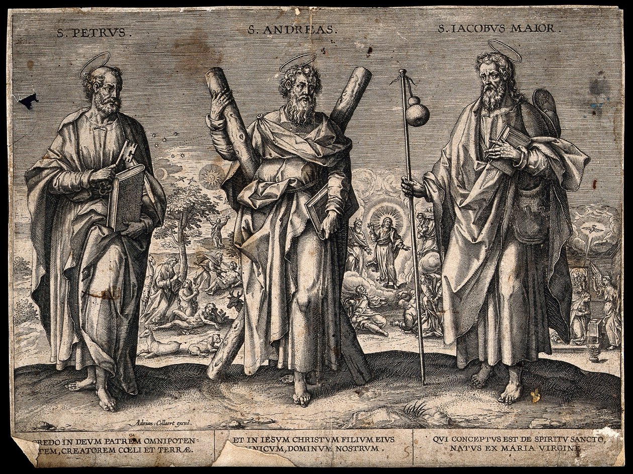 Święty Piotr Apostoł, święty Andrzej Apostoł i święty Jakub Starszy. Rycina. autorstwa Adriaen Collaert