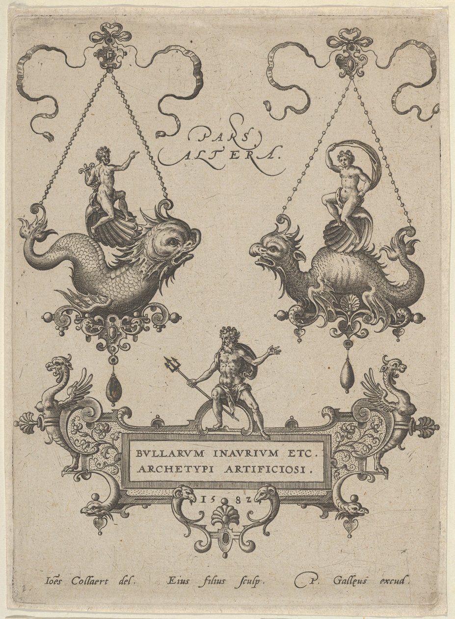 Tabliczka tytułowa z dwoma wisiorkami powyżej i Neptunem stojącym na kartuszu poniżej, 1582. autorstwa Adriaen Collaert