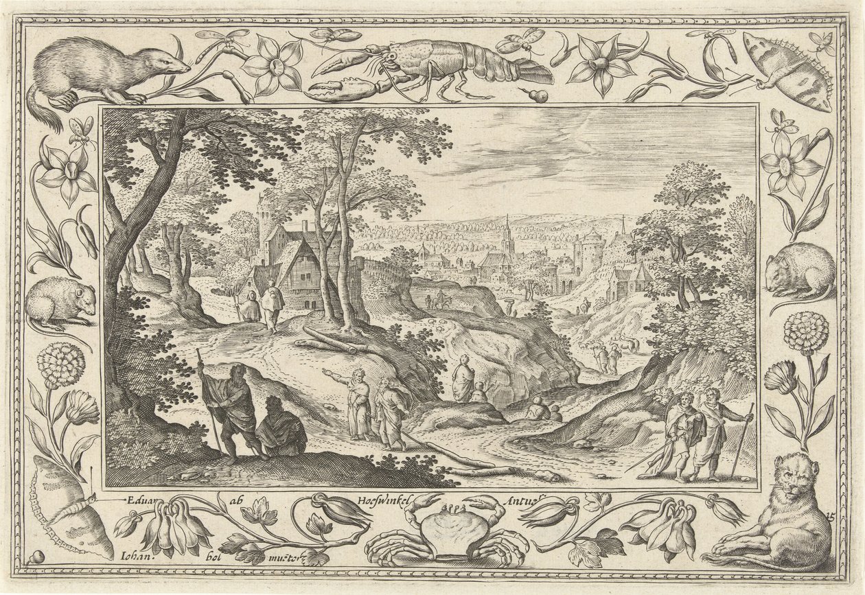 Nadawanie Apostołów Pejzaże ze scenami biblijnymi, mitologicznymi i polowaniami (tytuł serii) autorstwa Adriaen Collaert