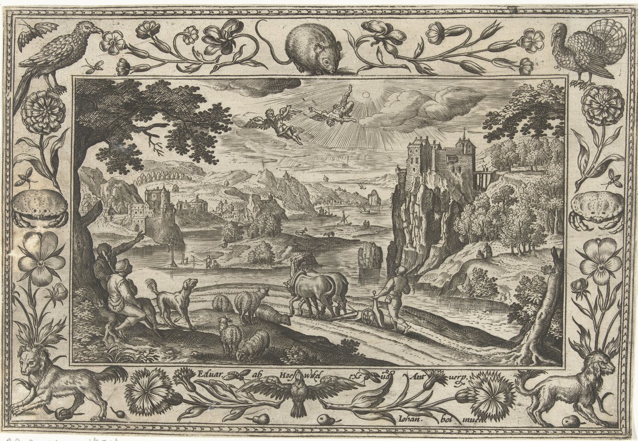 Upadek Ikara Pejzaże ze scenami biblijnymi, mitologicznymi i polowaniami (tytuł serii) autorstwa Adriaen Collaert