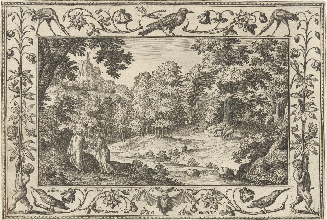 Pokusa na pustyni Pejzaże ze scenami biblijnymi, mitologicznymi i polowaniami (tytuł serii) autorstwa Adriaen Collaert