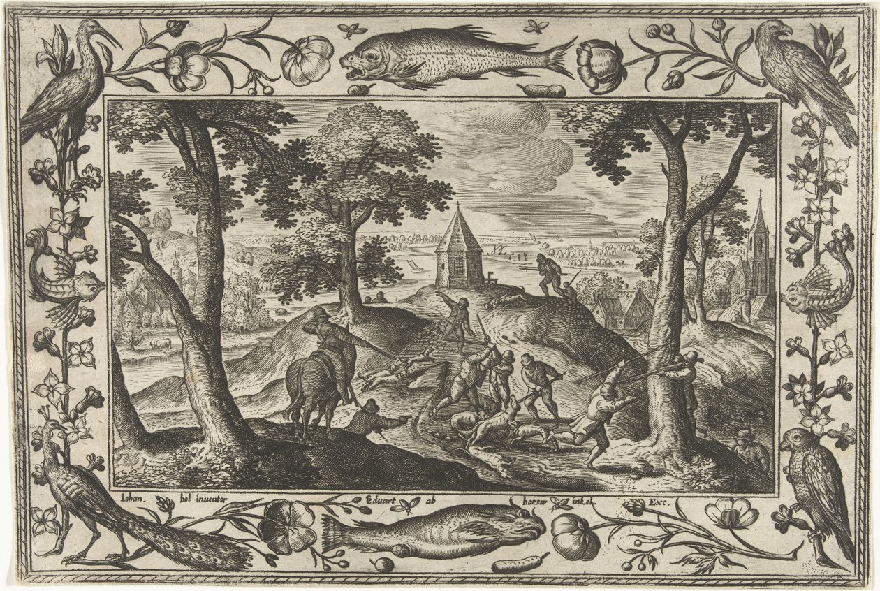 polowanie na wilka Pejzaże ze scenami biblijnymi, mitologicznymi i polowaniami (tytuł serii) autorstwa Adriaen Collaert