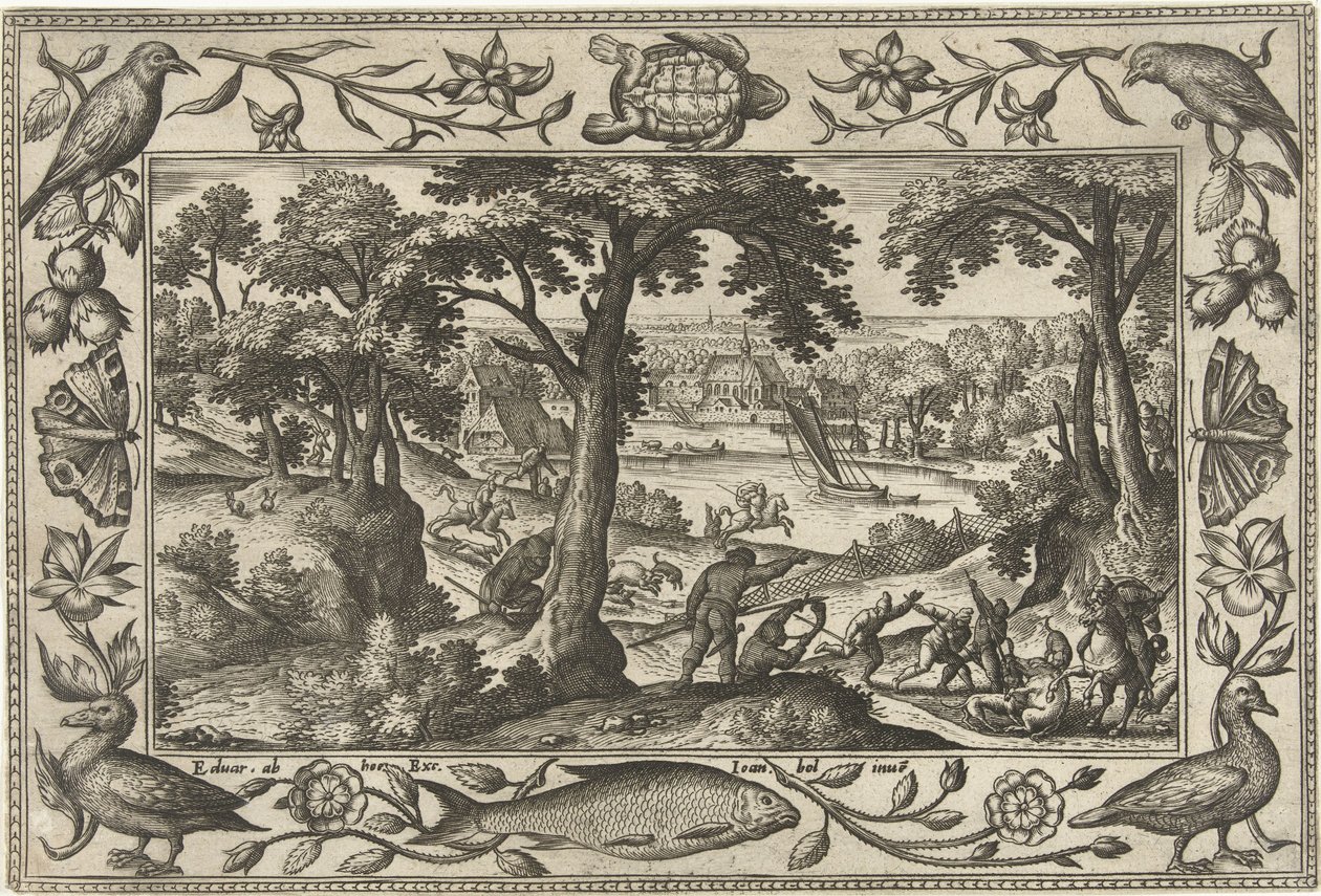 polowanie na dzika Pejzaże ze scenami biblijnymi, mitologicznymi i polowaniami (tytuł serii) autorstwa Adriaen Collaert