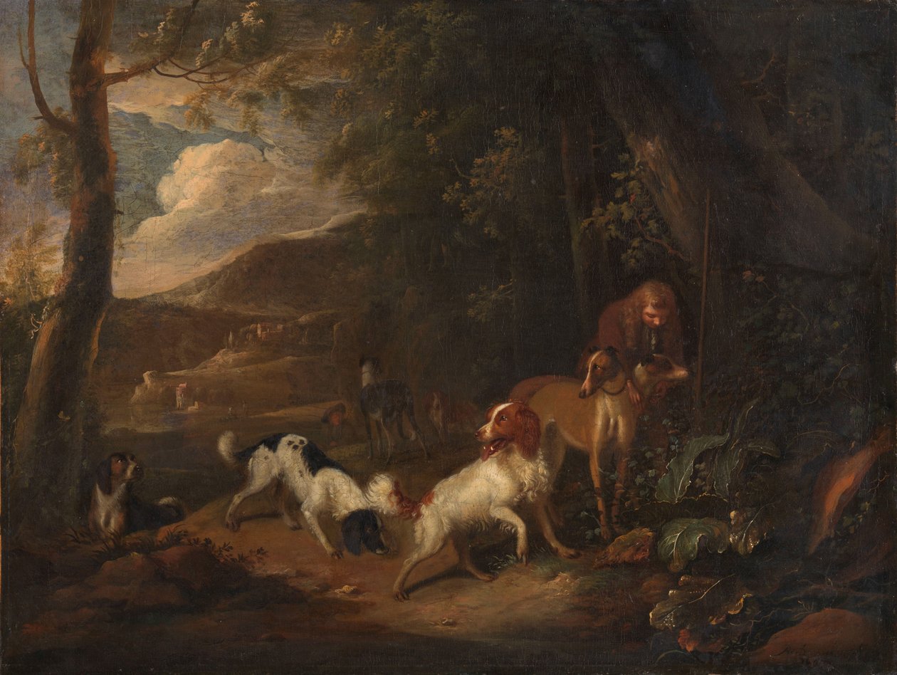 Hunter with Hounds at the Edge of a Wood   1393043   pl       polish Successfully Translated  Original: Woman Playing Music (recto); Krishna Stroking Radhas Feet (verso) Translat: Woman Playing Music (recto); Krishna Stroking Radha