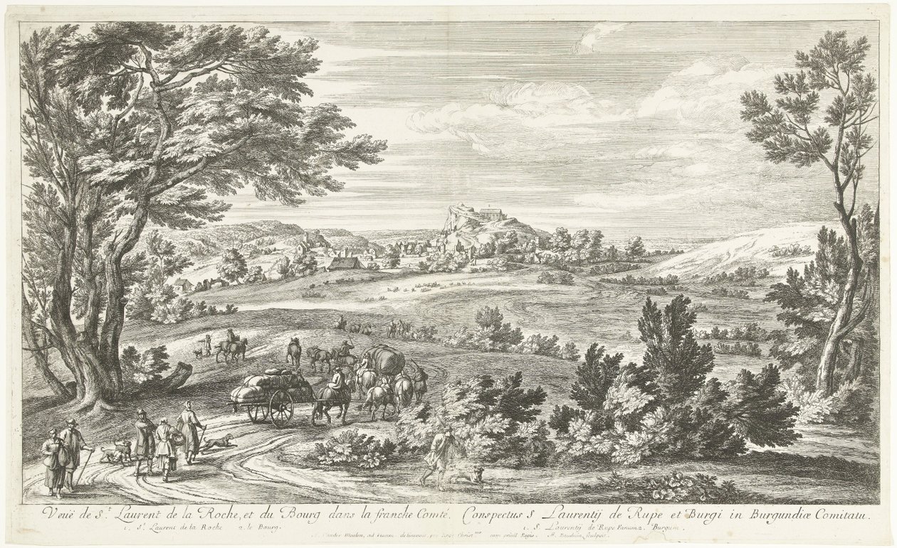Gezicht op Saint Laurent de la Roche Widok St. Laurent de la Roche i Bourg w Franche-Comté (tytuł na obiekcie) autorstwa Adriaen Frans Boudewyns