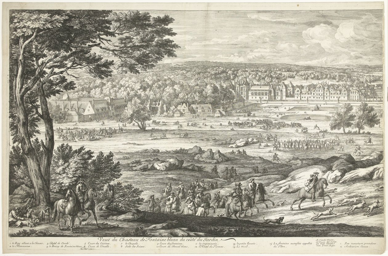 Widok zamku Fontainebleau (lewa strona) Veuë du Chasteau de Fontainebleau du costé du Jardin (tytuł na obiekcie) autorstwa Adriaen Frans Boudewyns