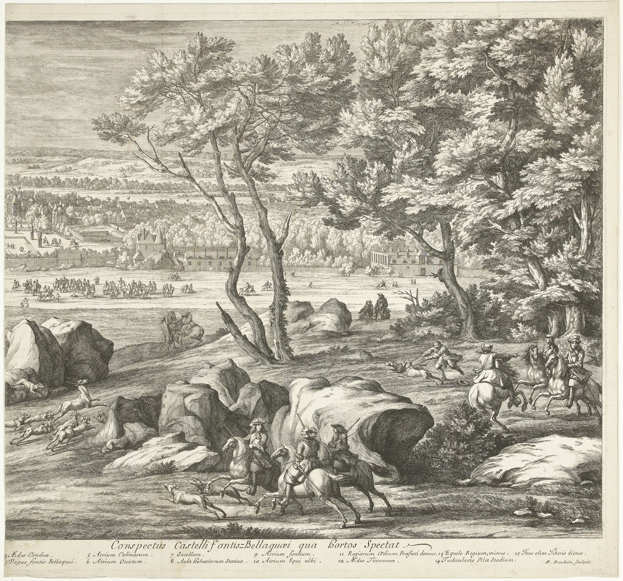 Widok na zamek Fontainebleau (prawa strona) Veuë du Chasteau de Fontainebleau du costé du Jardin (tytuł na obiekcie) autorstwa Adriaen Frans Boudewyns