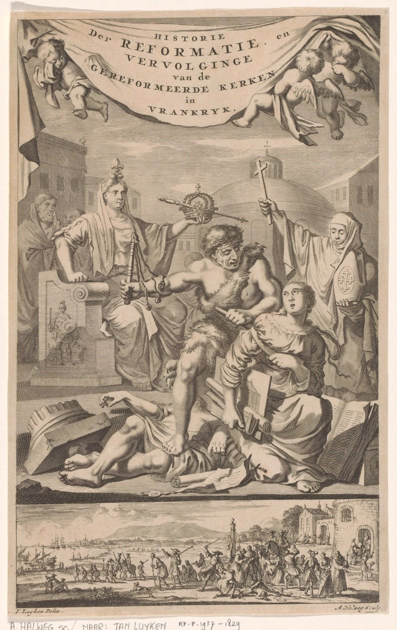 Francuski Kościół Reformowany zaatakowany przez człowieka plagą Strona tytułowa dla: E. Benoist, Historia kościołów reformowanych w Vrankrijk, 1696 autorstwa Adriaen Haelwegh