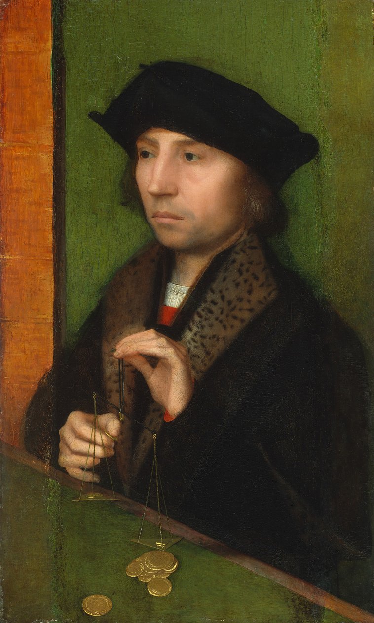 Mężczyzna o wadze złota, ca. 1515-20. autorstwa Adriaen Isenbrandt