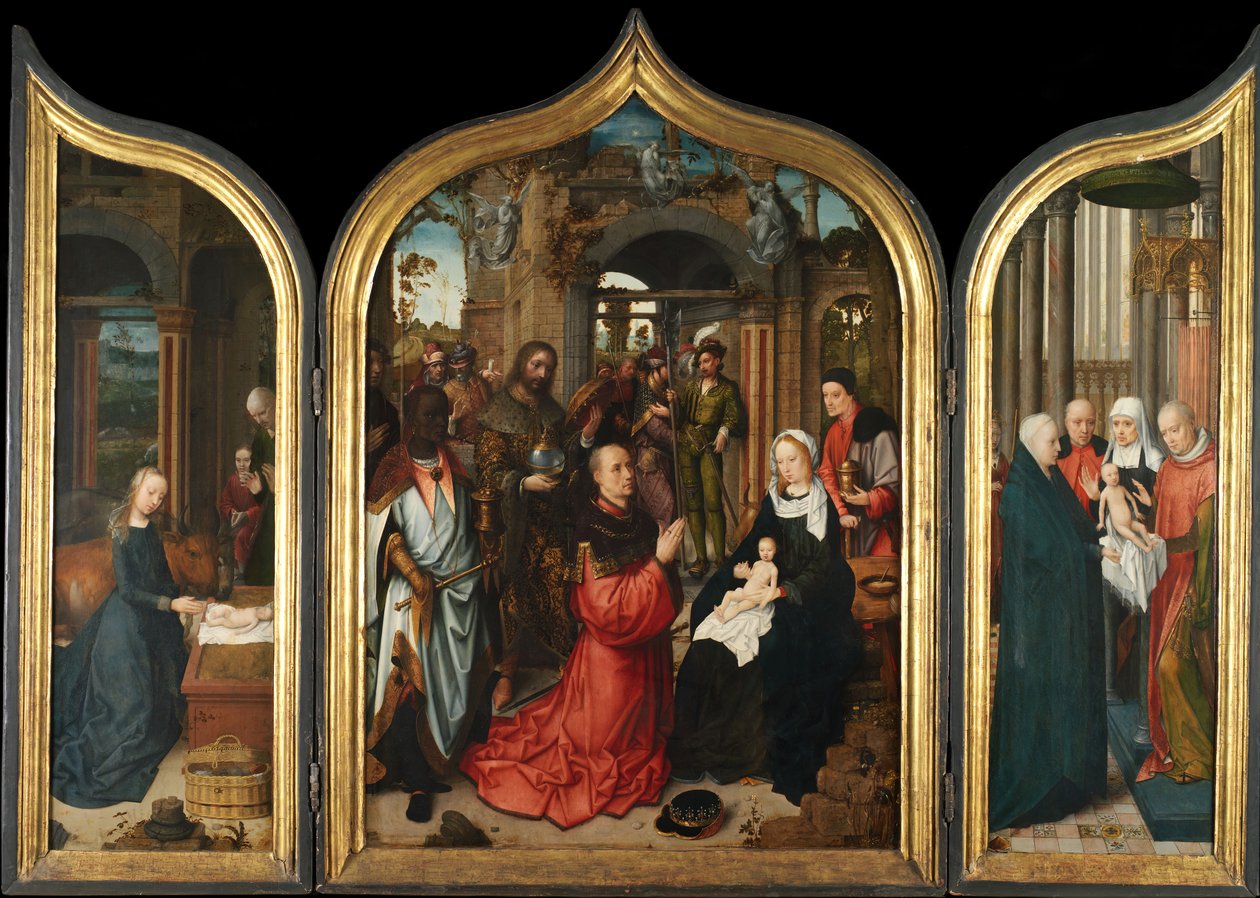 Narodzenia, Adoracja Trzech Króli, Ofiarowanie w świątyni, 1510-12. autorstwa Adriaen Isenbrandt