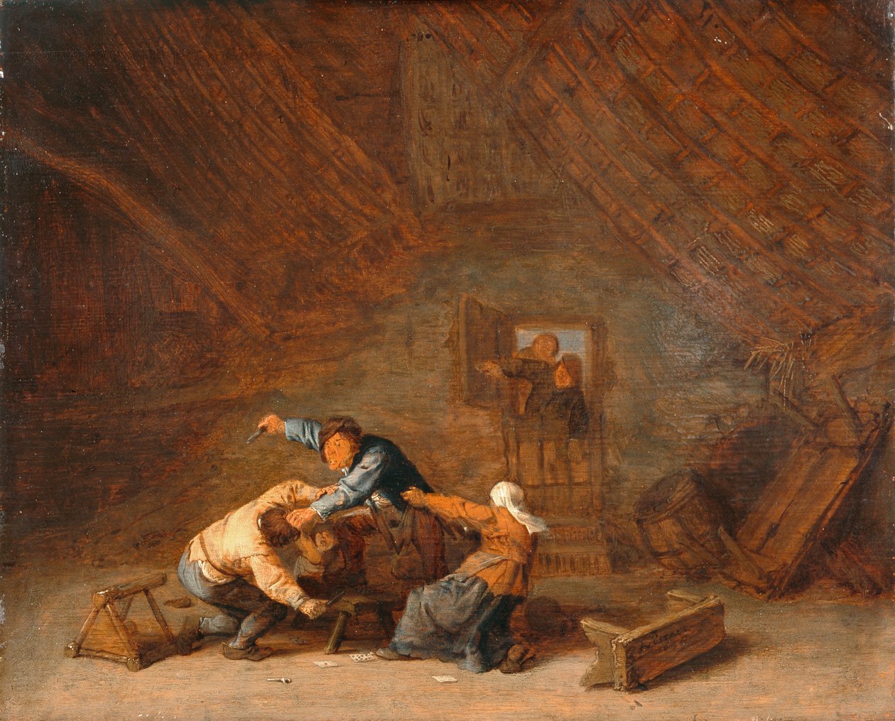 Wnętrze stodoły, w której walczy dwóch chłopów autorstwa Adriaen Jansz. van (attr. to) Ostade