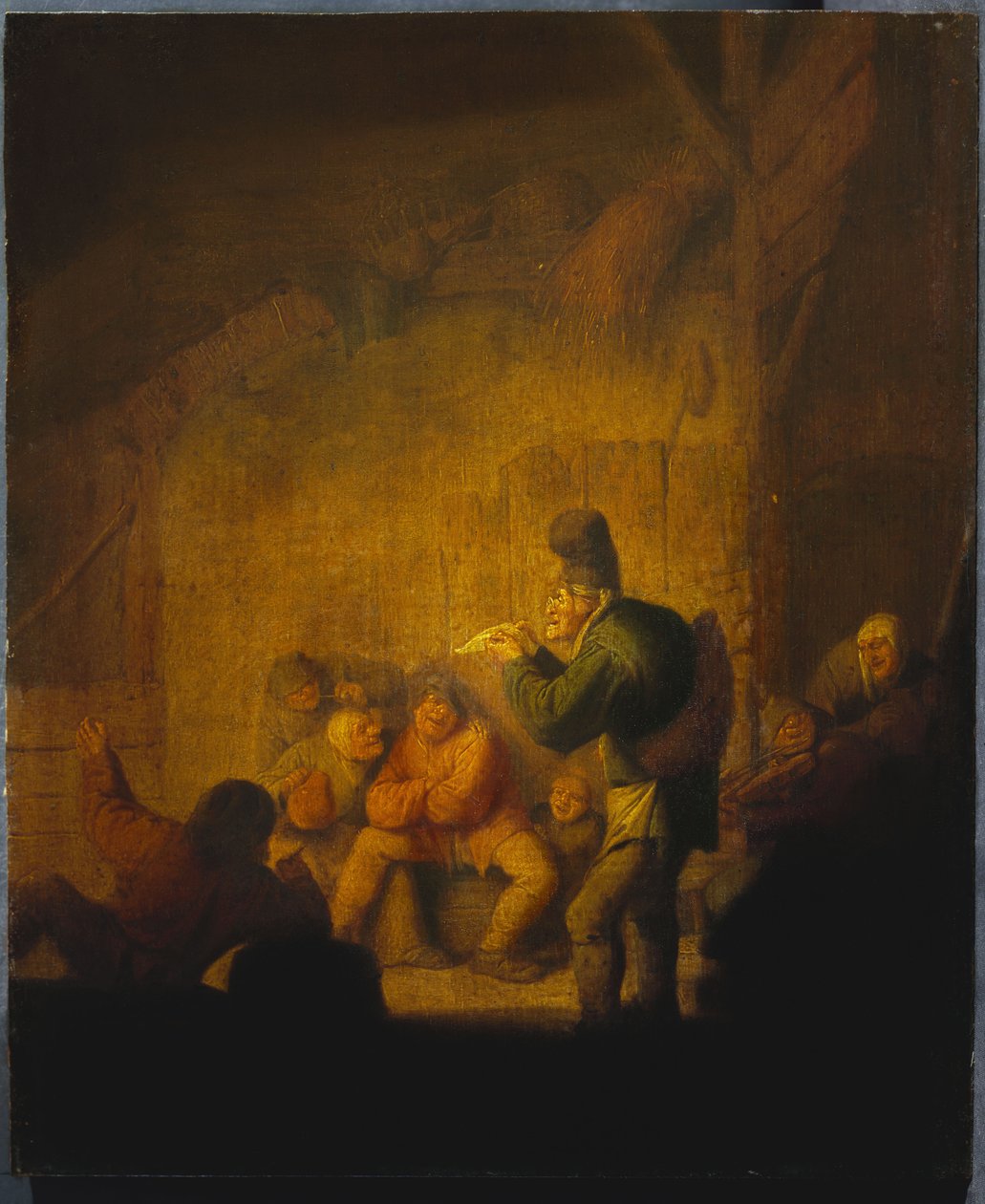 Wnętrze stodoły z błaznem raczącym swoich towarzyszy, ok. 1632 r. autorstwa Adriaen Jansz. van Ostade