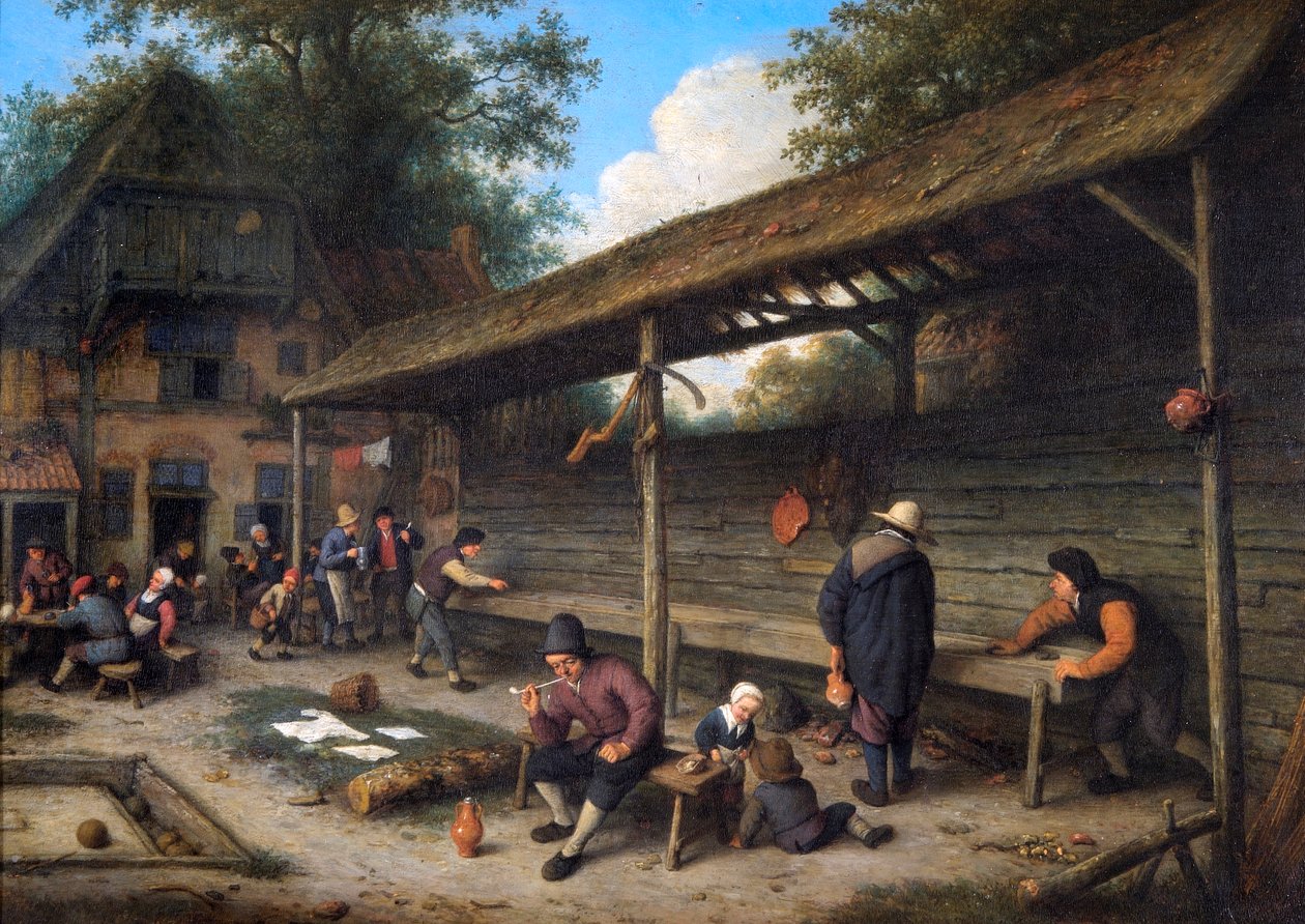 Dziedziniec karczmy z grą w shuffleboard autorstwa Adriaen Jansz. van Ostade