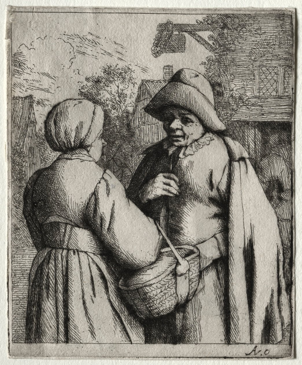 Mężczyzna i kobieta rozmawiają. autorstwa Adriaen Jansz. van Ostade