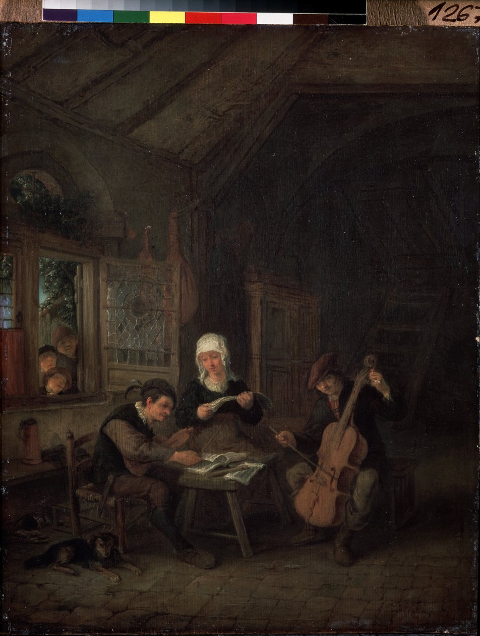 Muzycy wiejscy (muzycy wiejscy). Skrzypek i wiolonczelista grający w domu. Obraz Adriaena Jansza Van Ostade (1610-1685) autorstwa Adriaen Jansz. van Ostade