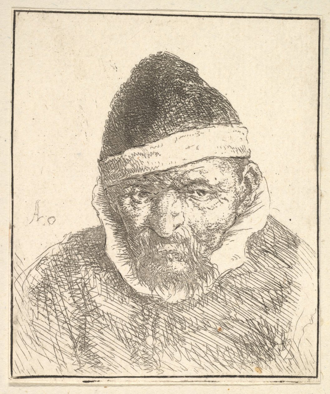Stary człowiek w białym kołnierzyku i spiczastym kapeluszu, 1610-85. autorstwa Adriaen Jansz. van Ostade
