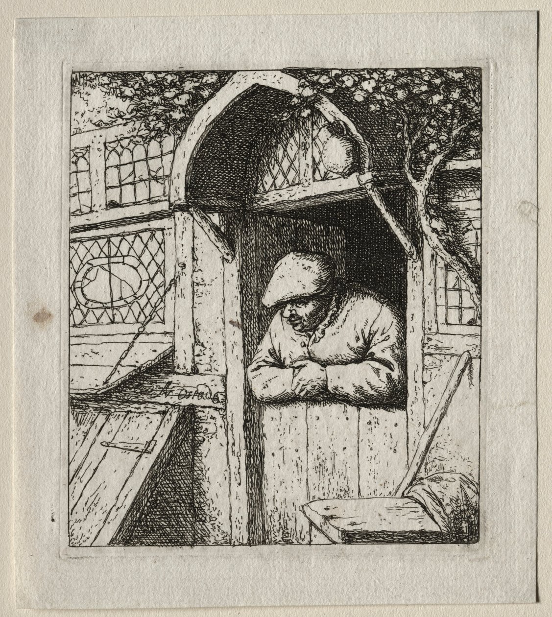 Chłop pochylony w jego drzwiach. autorstwa Adriaen Jansz. van Ostade