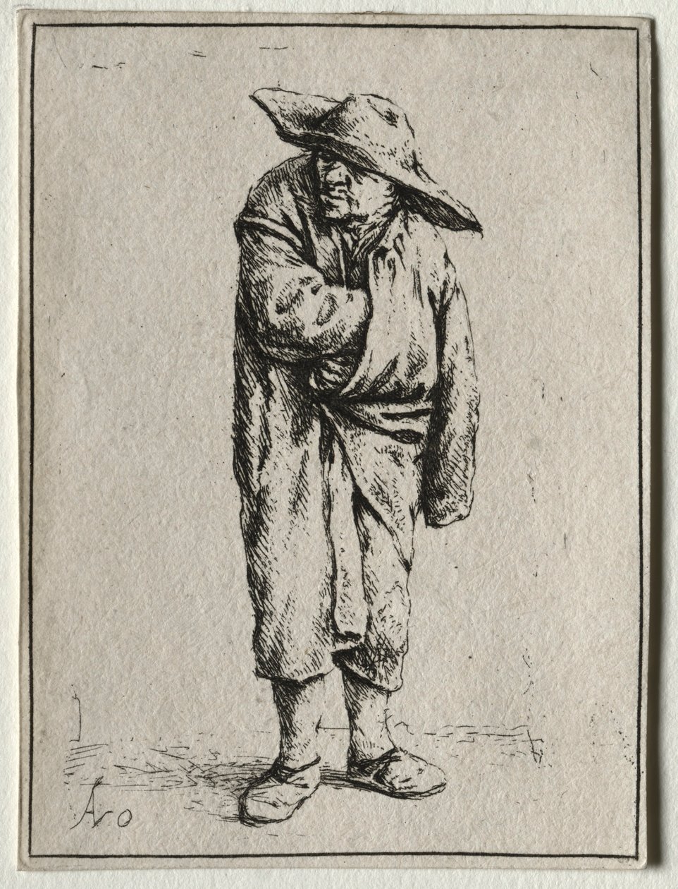 Chłop z ręką w płaszczu. autorstwa Adriaen Jansz. van Ostade