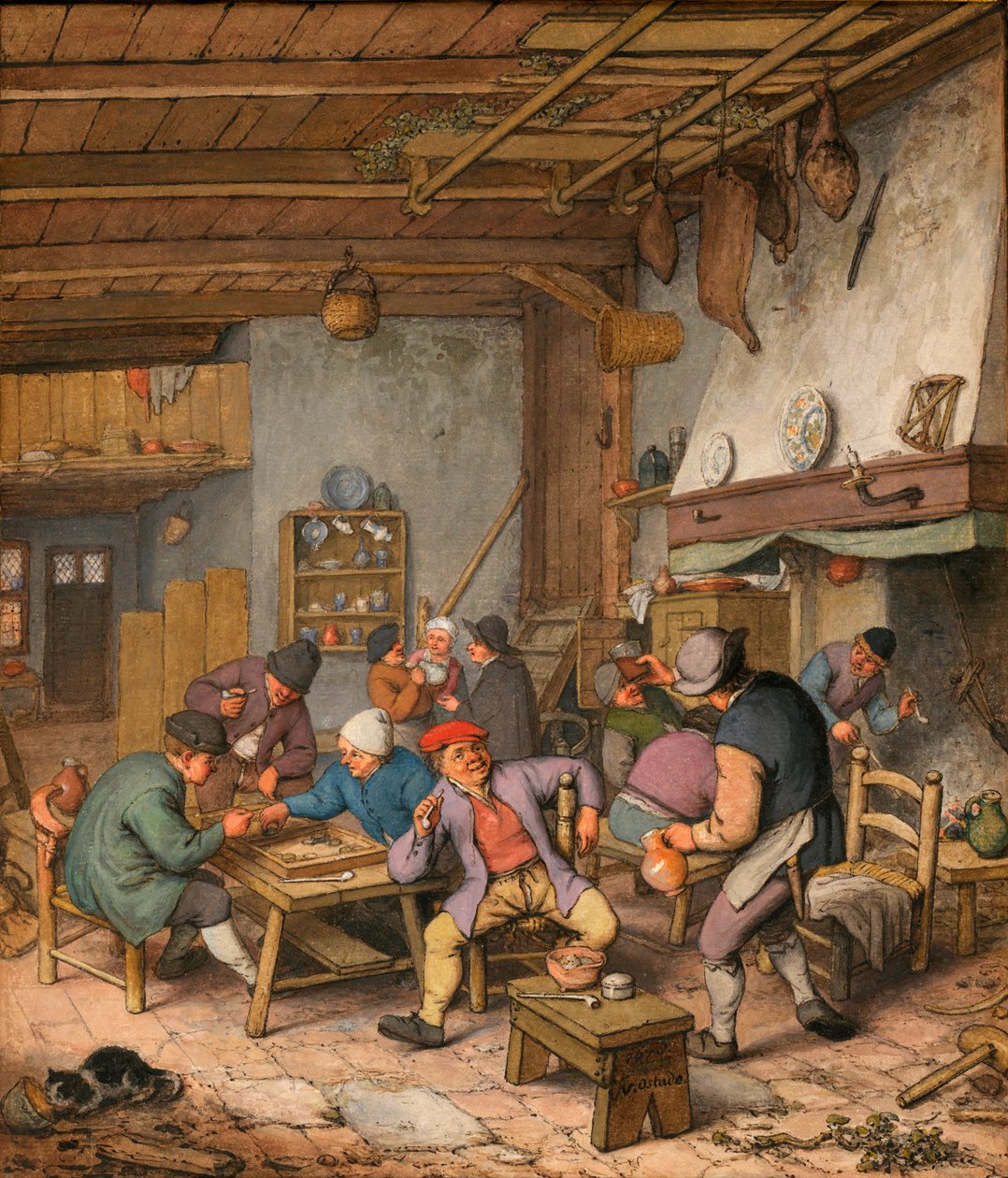 Pokój w karczmie z chłopami pijącymi, palącymi i grającymi w tryktraka - Praca Adriaena Jansz van Ostade (1610-1685) Ołówek, kreda i akwarela na papierze autorstwa Adriaen Jansz. van Ostade