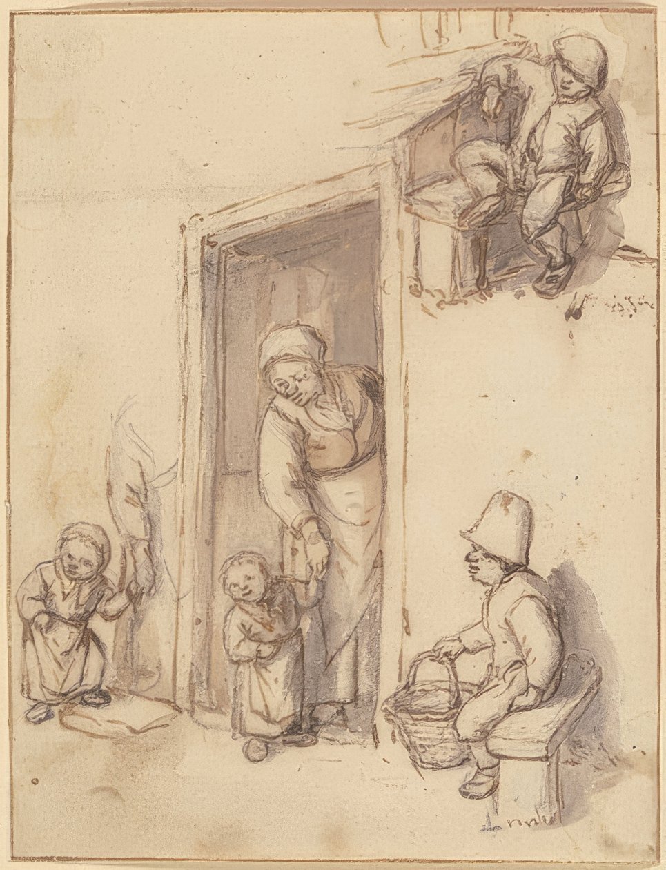 Arkusz studyjny z matką i jej córką w drzwiach wejściowych, dwóch chłopców siedzących. 1660s autorstwa Adriaen Jansz. van Ostade