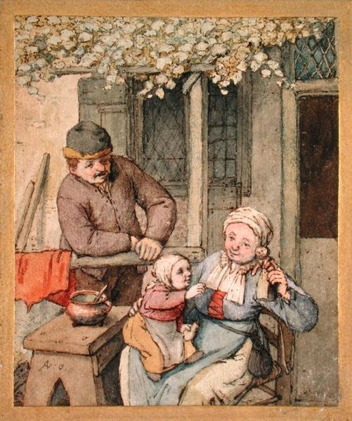 Dziecko i lalka (piórko i akwarela na papierze) autorstwa Adriaen Jansz. van Ostade