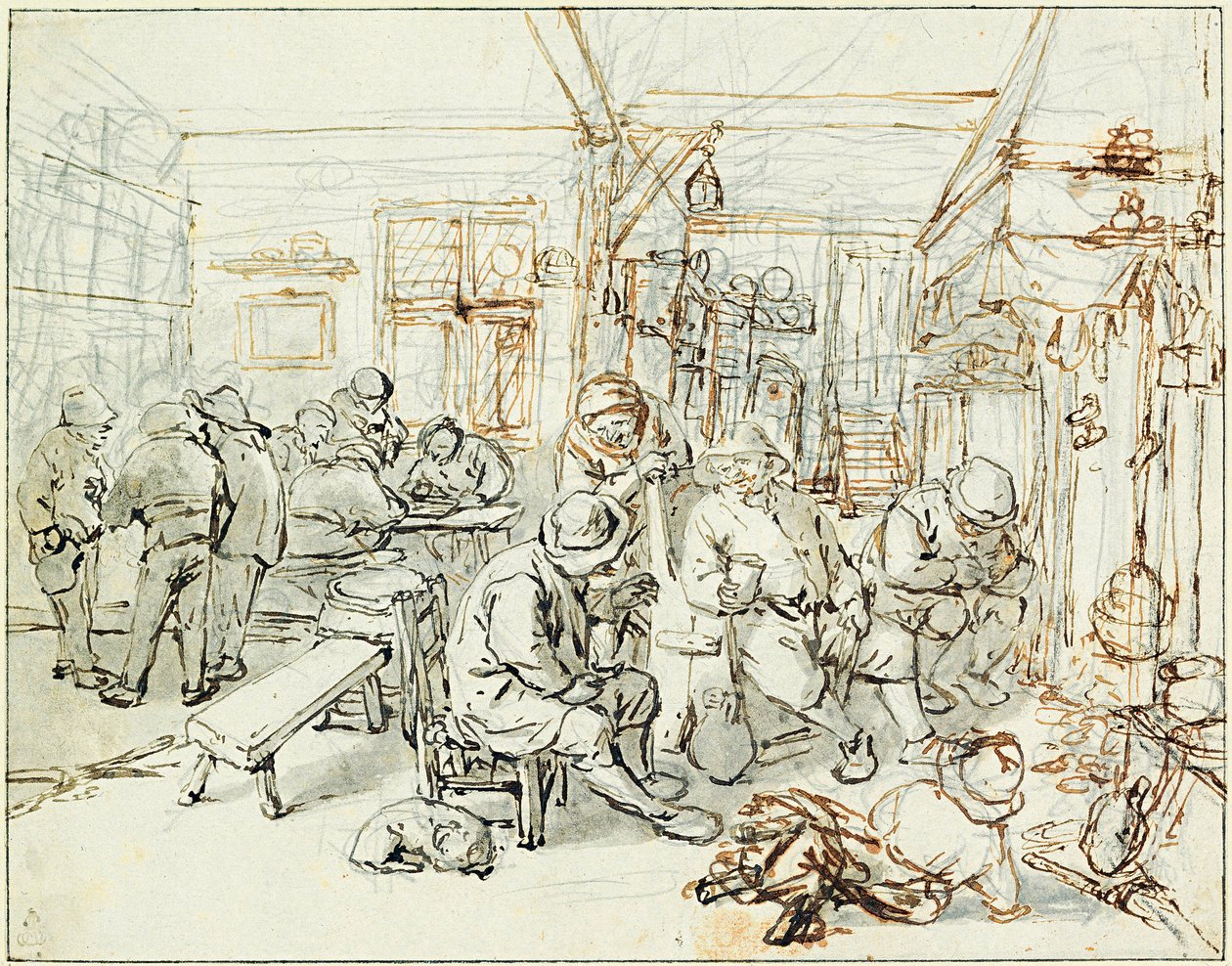 Grupa chłopów w karczmie (Towarzystwo Chłopów w karczmie) - Rysunek Adriaen Jansz van Ostade (1610-1685), ołówek i tusz indyjski na papierze, ok. 1675 - Albertina, Wiedeń (Austria) autorstwa Adriaen Jansz. van Ostade
