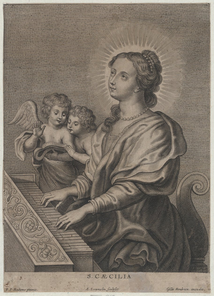 Św. Cecylia grająca na organach z dwoma puttami po lewej stronie, ca. 1654-77. autorstwa Adriaen Lommelin