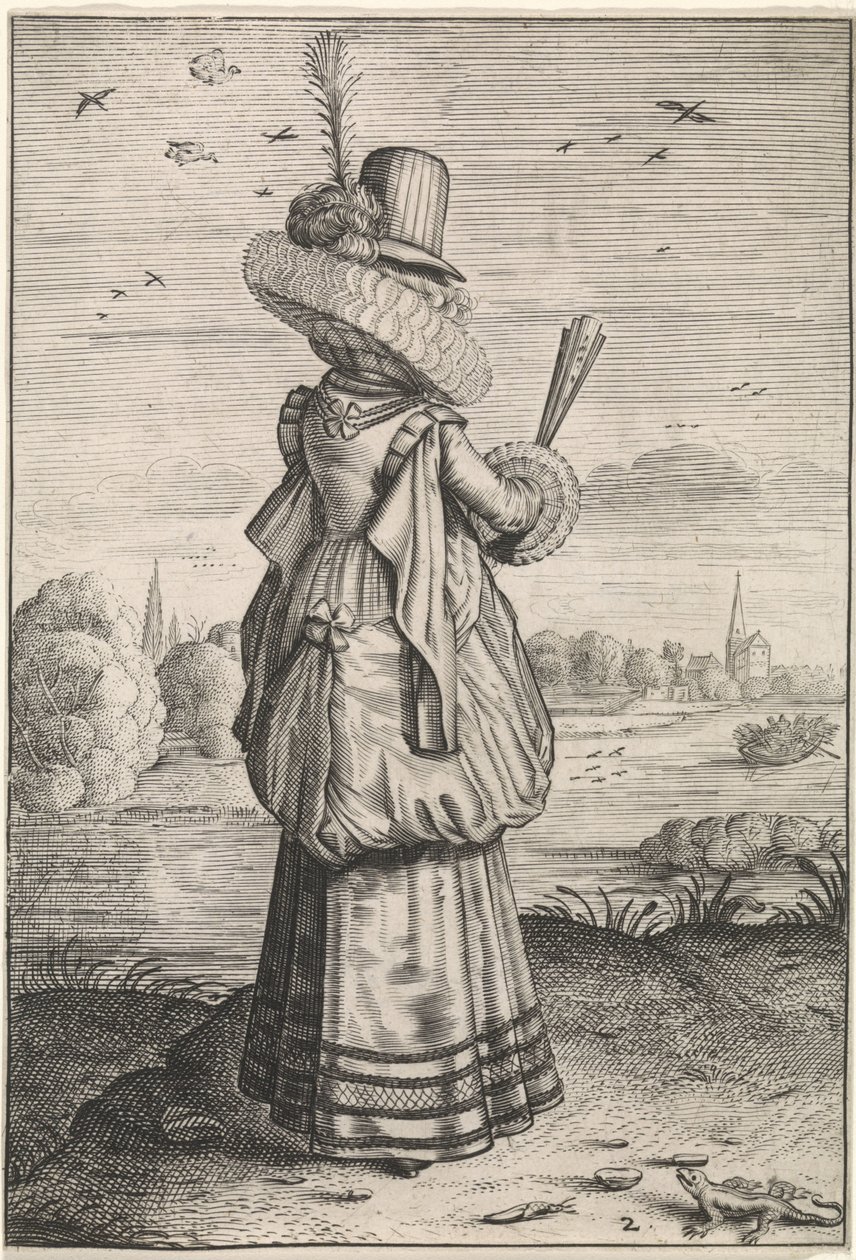 Ubiór i maniery szlachcianek i wieśniaczek Elegancka dama bij hagedis Kleding en omgeving van Nederlandse adellijke dames en boerinnen (tytuł serii) Zachowanie i kult Szlachetnych i Zardzewiałych Matron autorstwa Adriaen Matham (possibly)