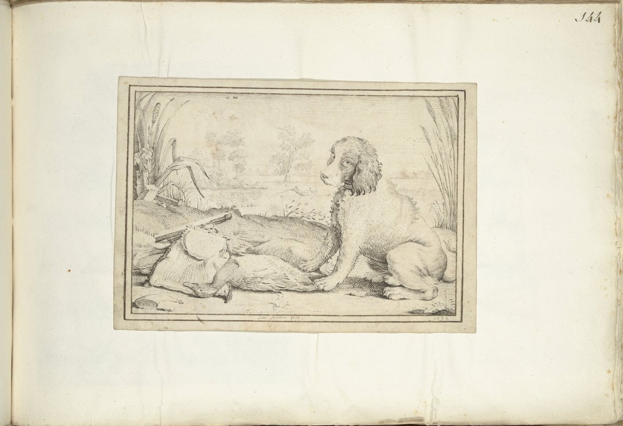 Pies obok sprzętu myśliwskiego i łupów w krajobrazie autorstwa Adriaen Matham (signed by artist)