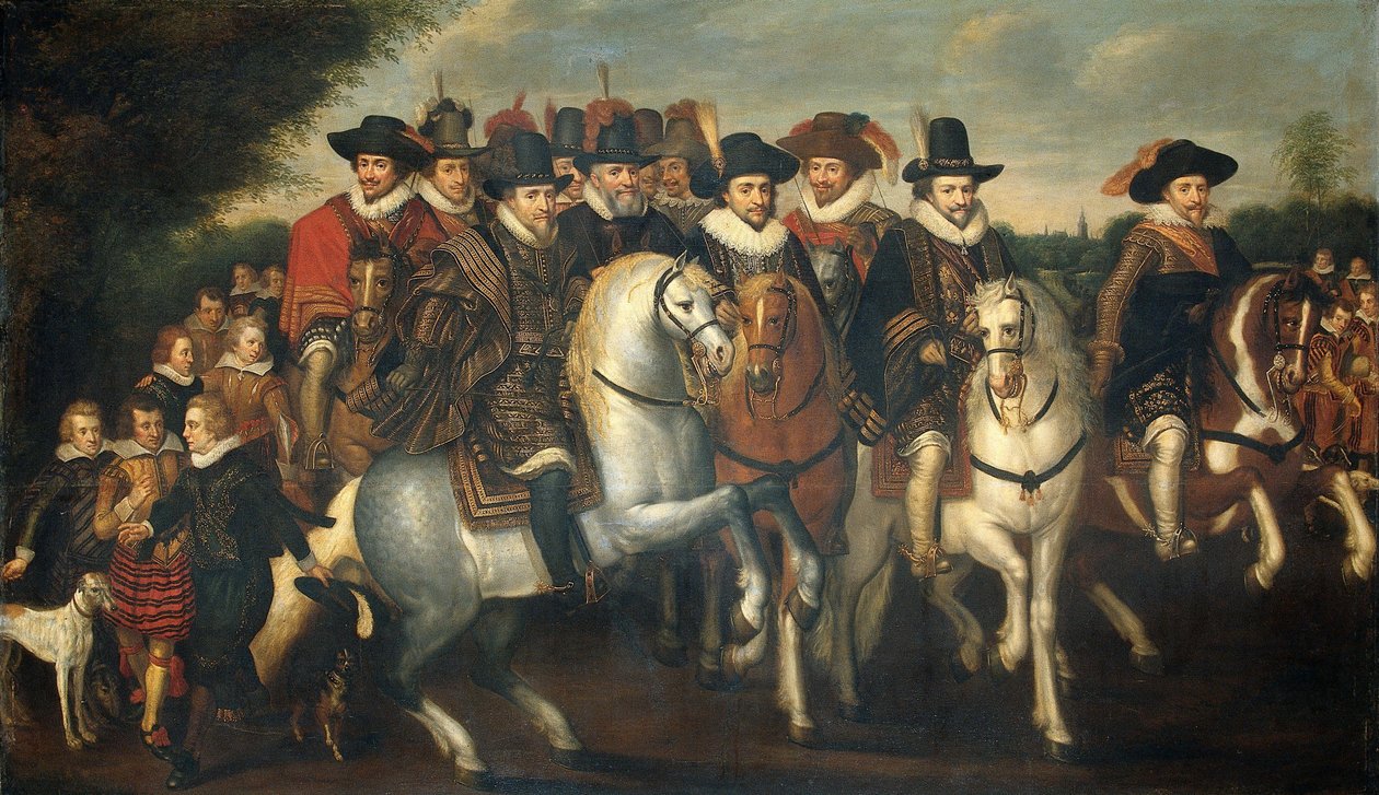 Książę Maurycy w towarzystwie dwóch braci, Fryderyka V, elektora palatyna i hrabiów Nassau na koniu autorstwa Adriaen Pietersz van de Venne (follower of)