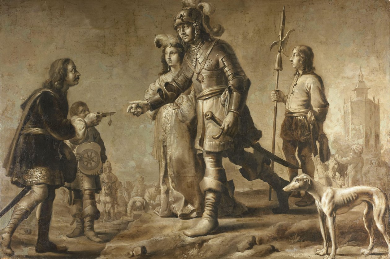 Boudewijn van Heusden (?-870) i jego żona Zofia odbierają hołd od legata króla Edmunda, ok. 1930 r. 1626 autorstwa Adriaen Pietersz van de Venne (manner of)